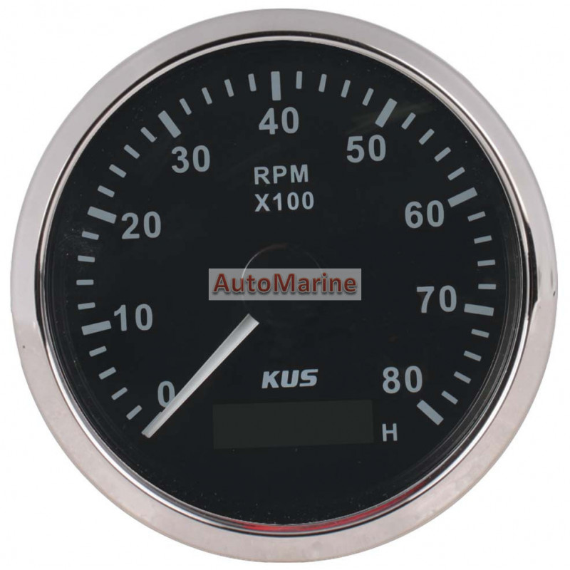 KUS Universal Tachometer RPM Gauge with Hour Meter - 0-4000RPM, 12V/24V,  Red/Yellow Backlight - 85mm