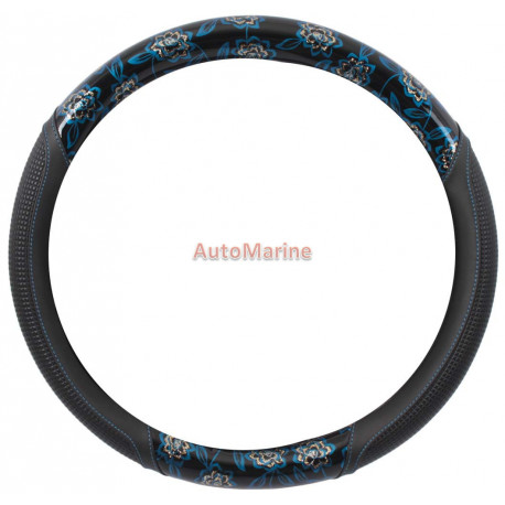 Steering Wheel Cover - Black Blue with Flowers