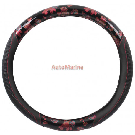 Steering Wheel Cover - Black and Red with Flowers