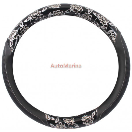 Steering Wheel Cover - Black and Vanilla with Flowers