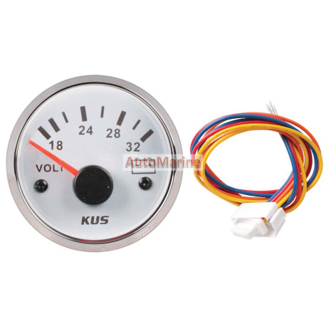 Kus Volt Gauge - 24V - 52mm - White Face with Silver Bezel